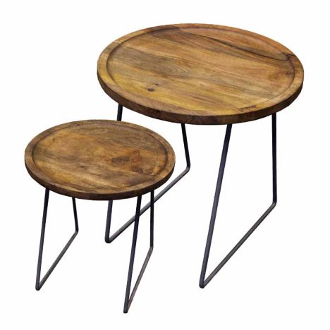 Industriële bijzettafel rond massief Mango - Set van 2