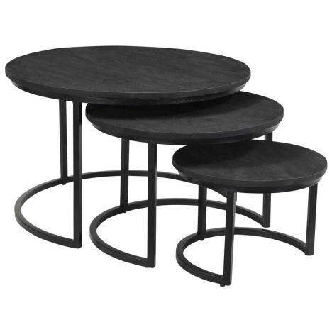 Industriële bijzettafel rond massief Mango zwart - Set van 3